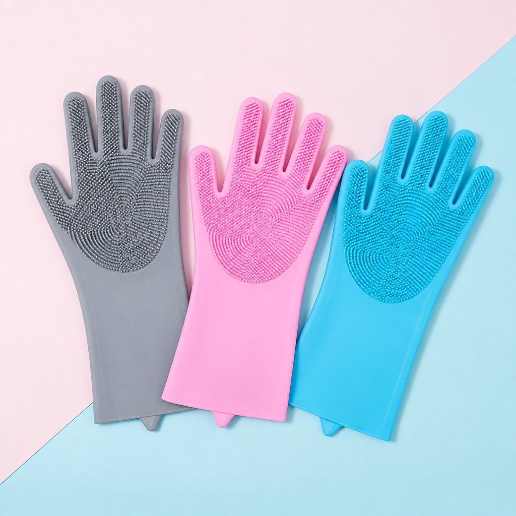 SoftPaw Grooming Gloves in grey, pink, and blue — silicone pet bath gloves for dogs and cats